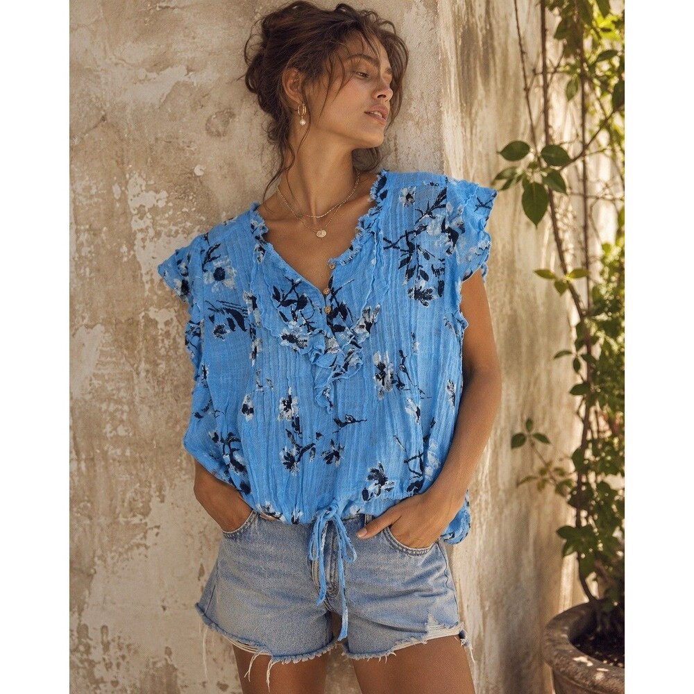 Free People Blue Floral Gauze Peasant Top Women’s Size L/G Boho Raw Edge Tie Hem